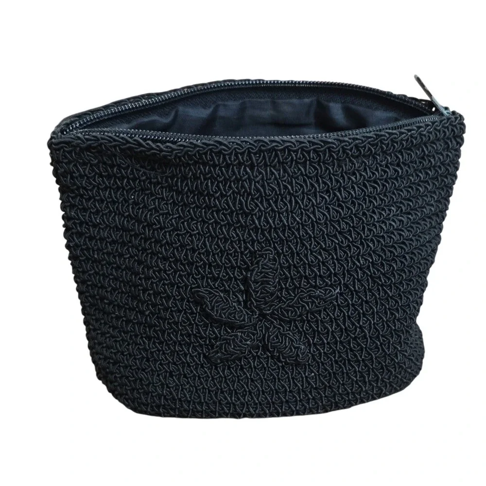 Vintage black shining macrame hand woven zipper pouch black with daisy 7x5x2